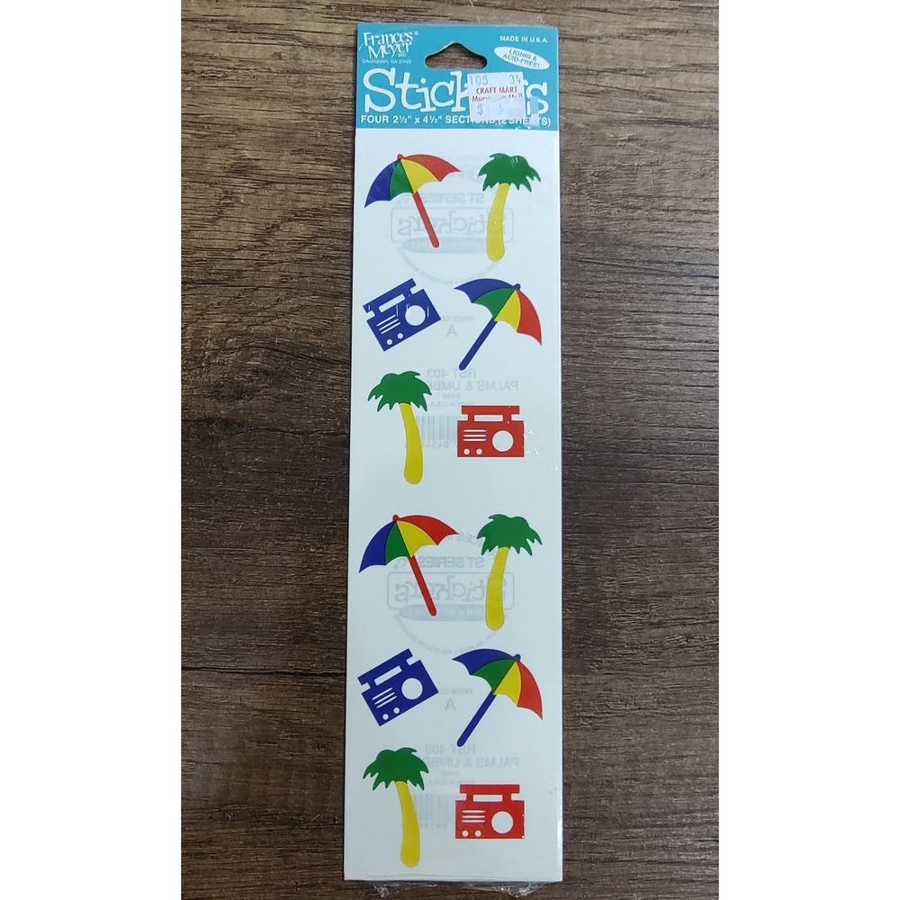 NOS Frances Meyer Stickers Palm Trees Umbrellas Boom Box Sticker Sheets Vtg